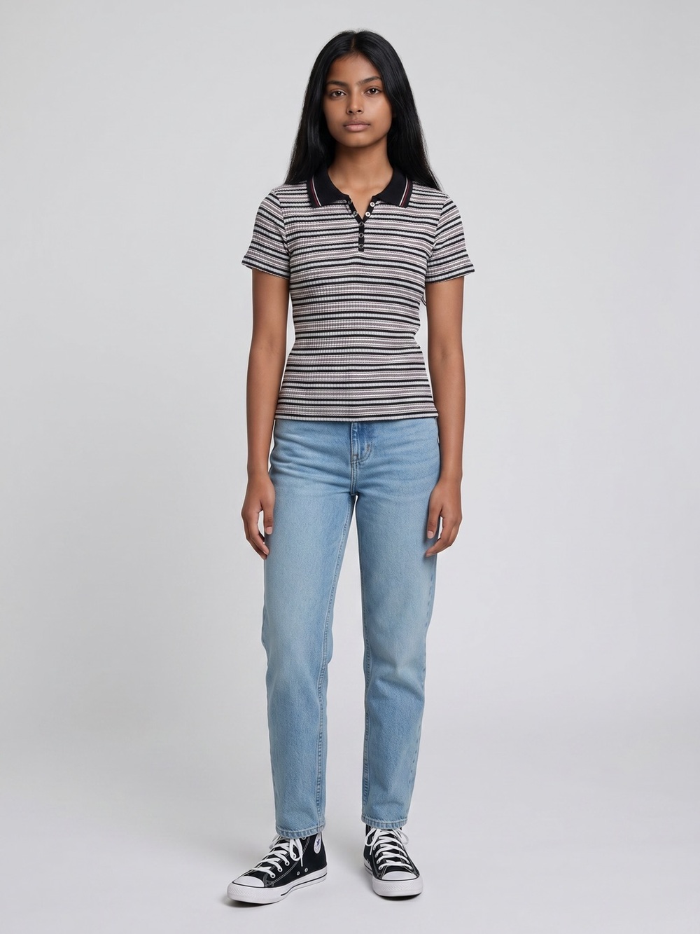 Jalate Ribbed Knit Striped Polo Top Y2K Grunge Soft Girl Large